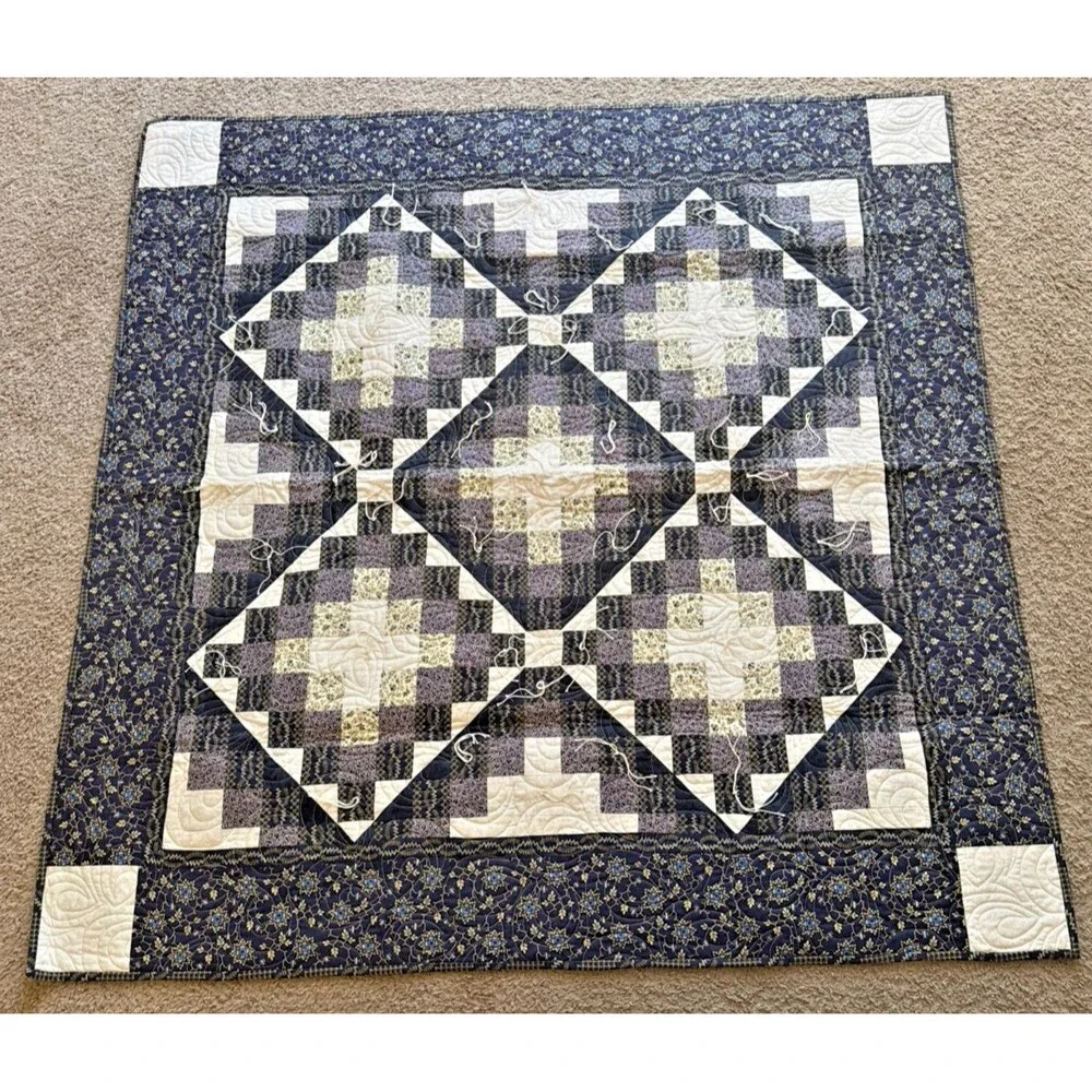 Vintage Style Handmade Prayer Qulit Patchwork Quilt Shades of Blue 50